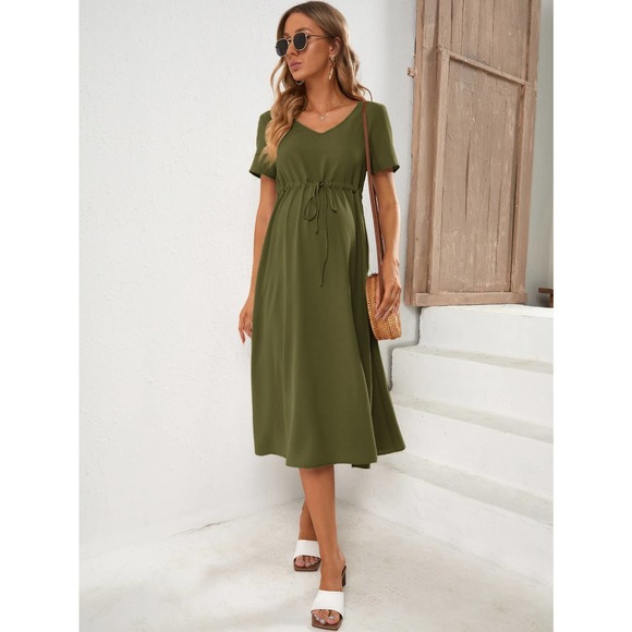 Maternity Drawstring Waist short sleeve midi Dress tan - Picture 5 of 11